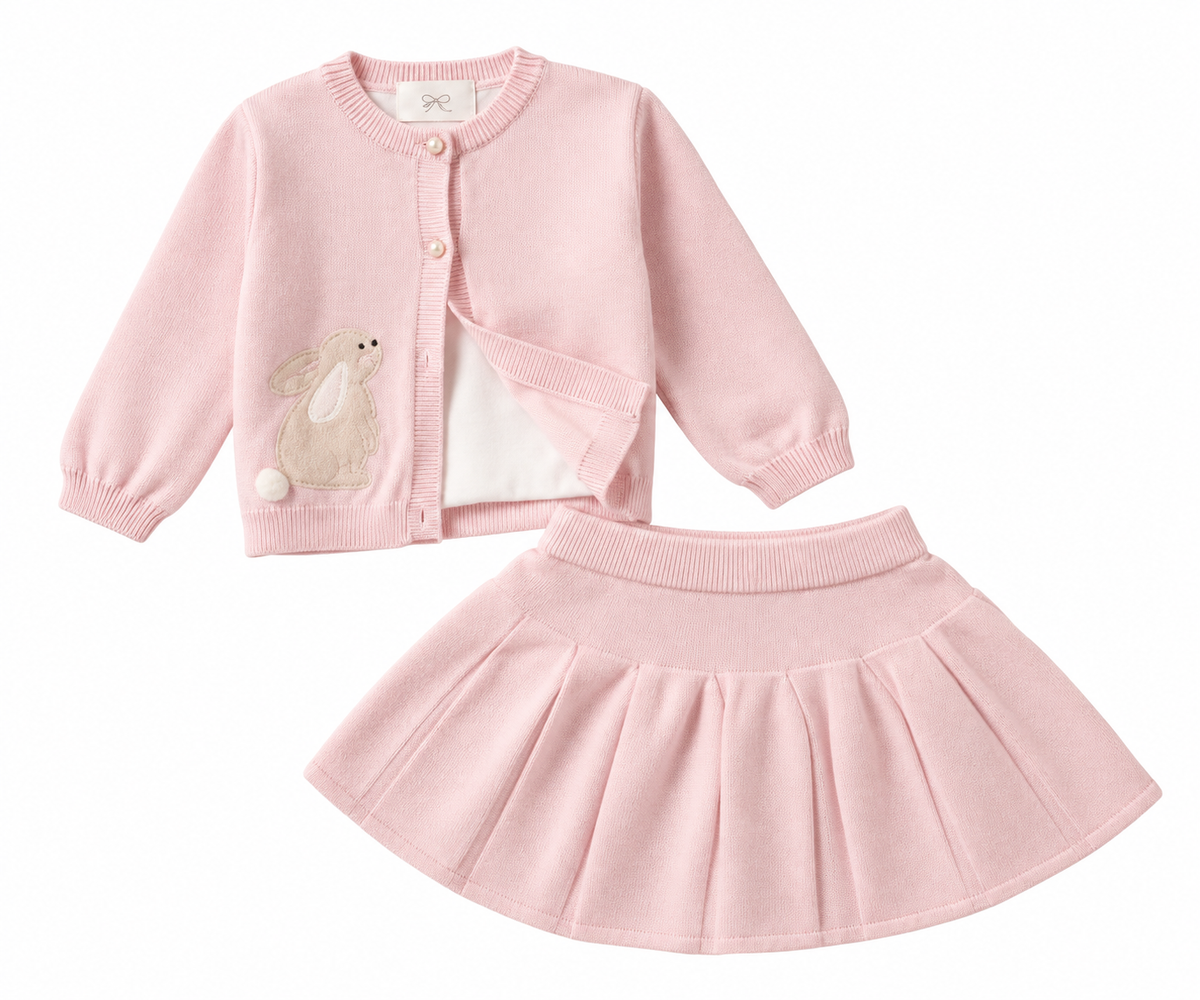 2delig setje roze rok en vestje met konijn