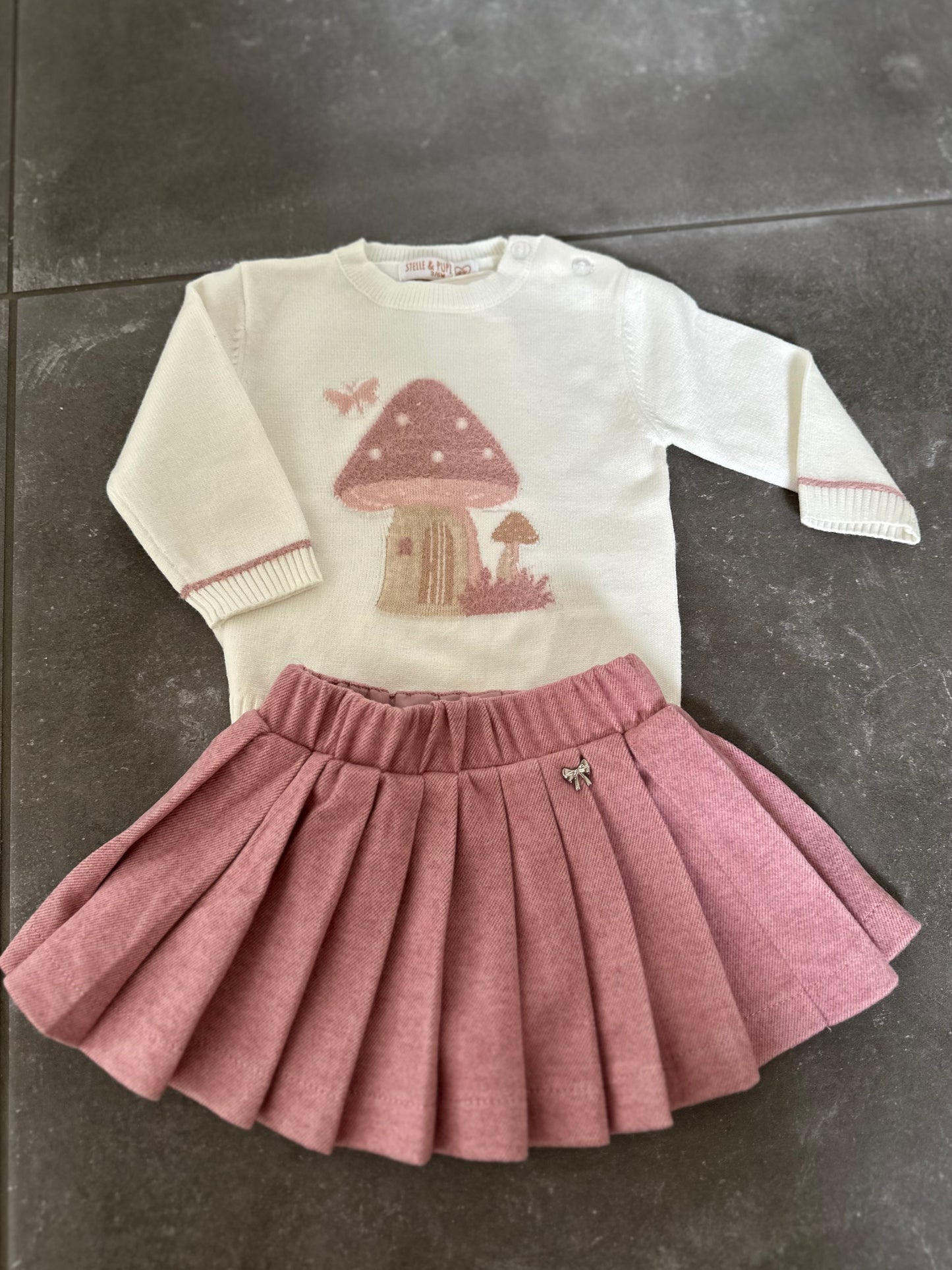 2 delig set roze rok en trui met paddestoel