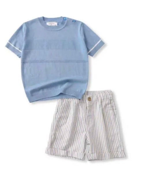 Setje gebreid blauw truitje en streepjes broek