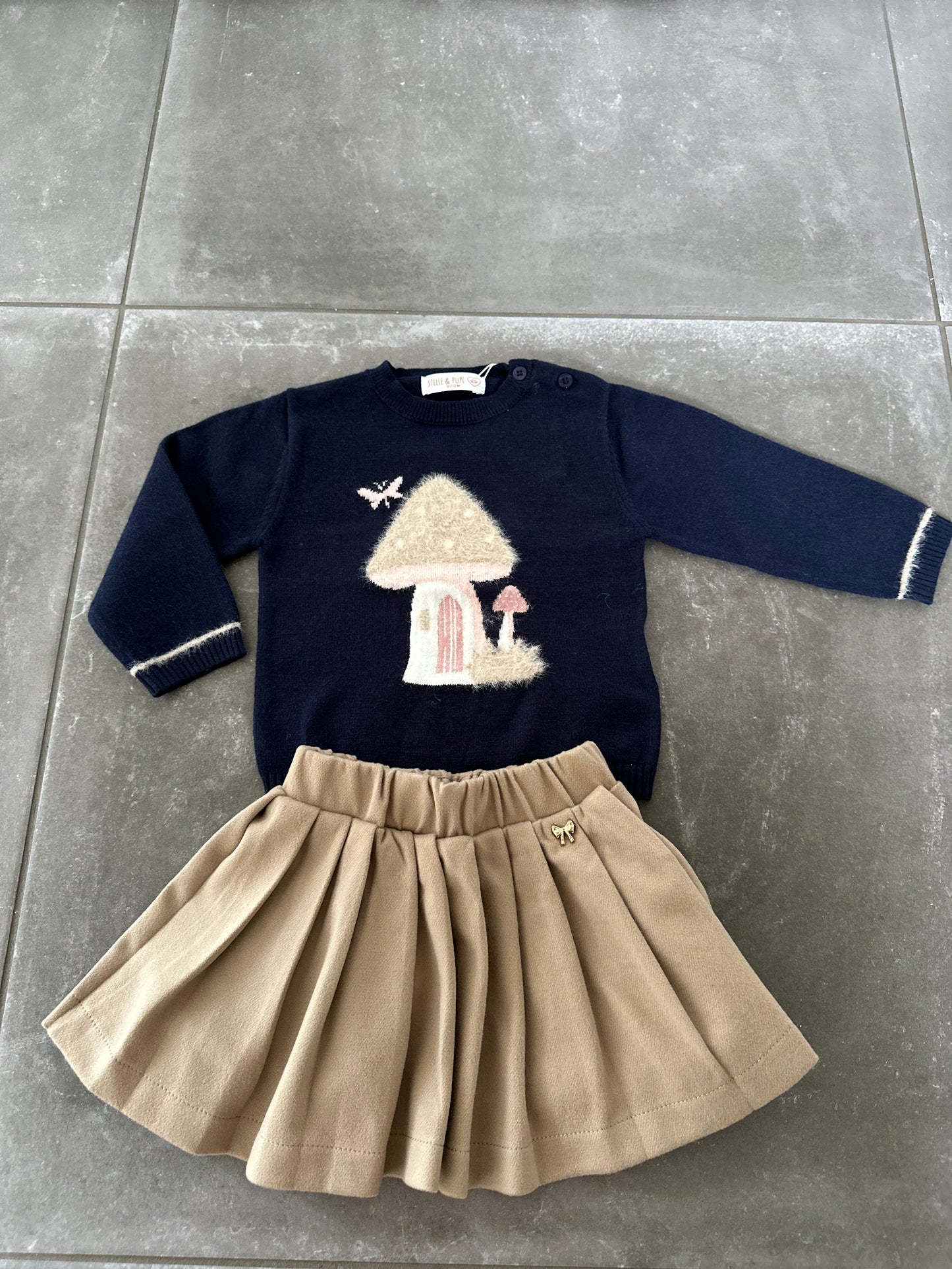 2 delig set donker blauw rok en trui met paddestoel