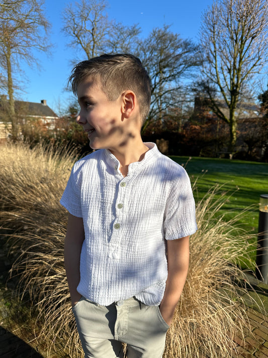 Blouse wit wafelstof korte mouw