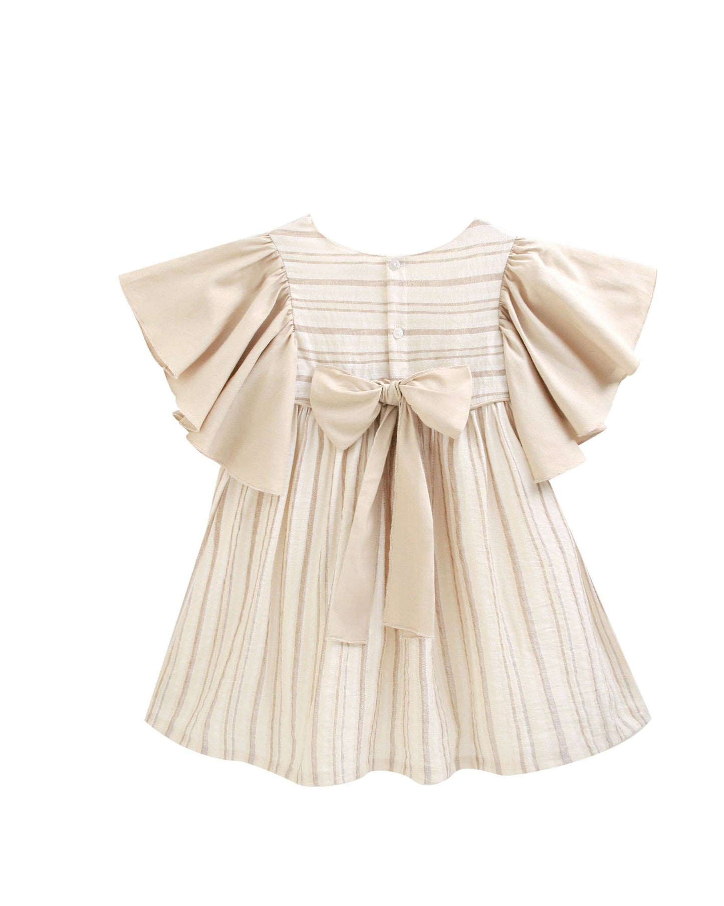 Beige-kameel gestreepte linnen jurk met strik JGV96856