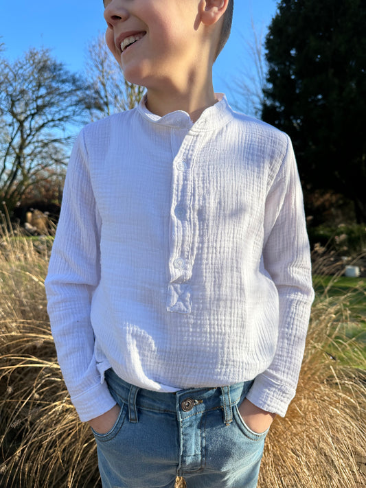 Blouse wit met lange mouw wafelstof