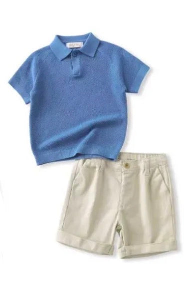 Setje gebreid blauw truitje en zandkleurige broek