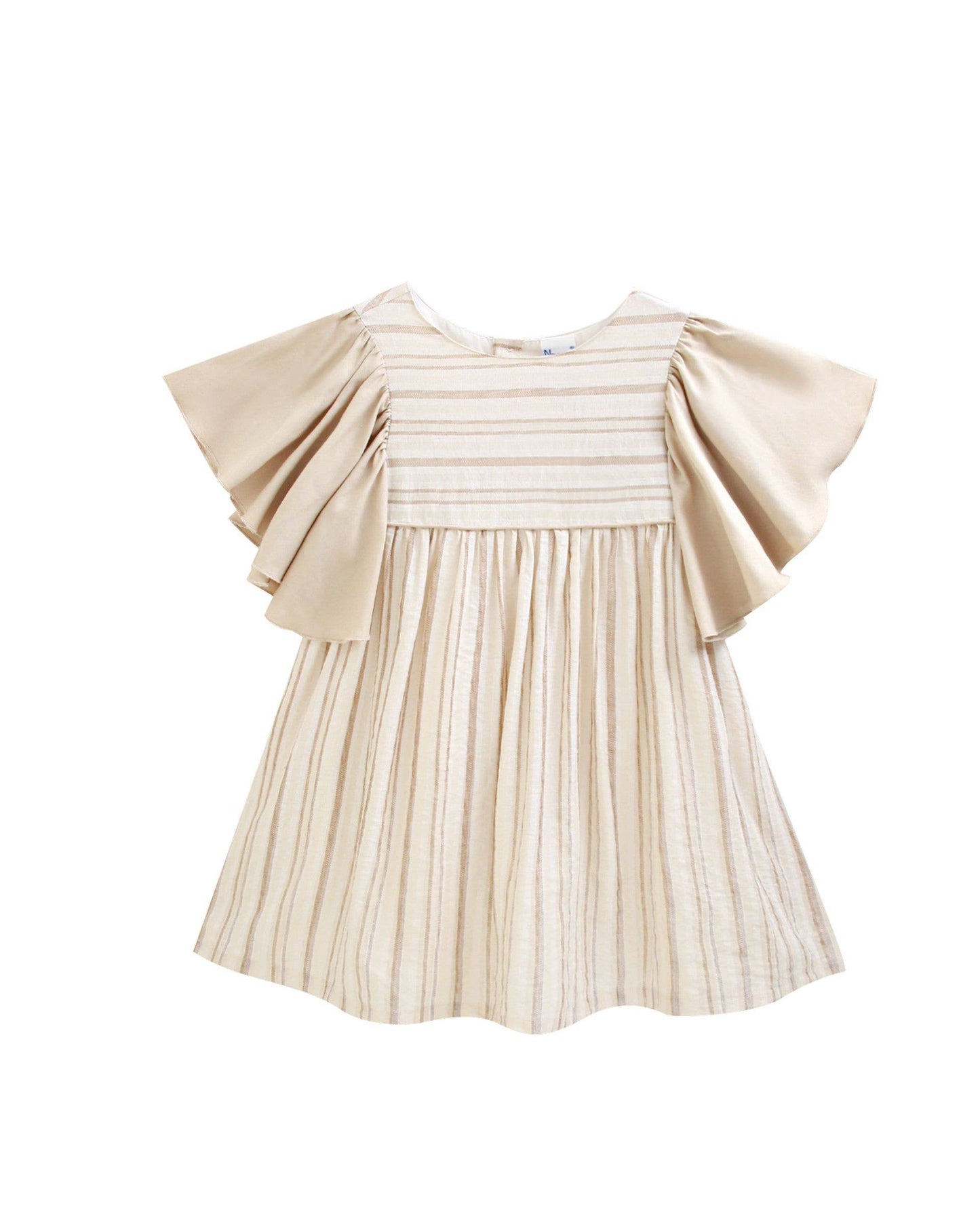 Beige-kameel gestreepte linnen jurk met strik JGV96856