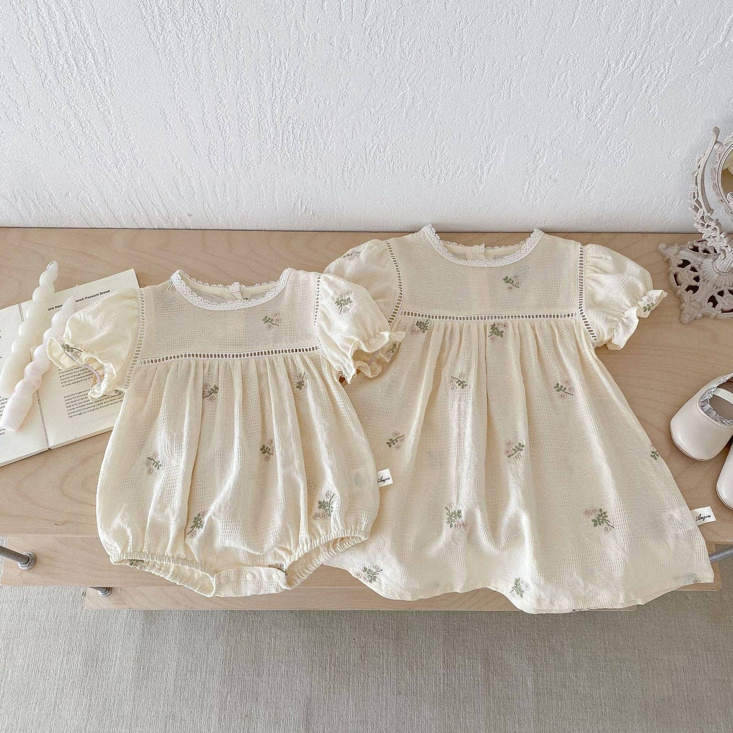 3M-3Y Babyzusje Outfit Geborduurde Bloemen Pofmouw Romper Of Jurken Groothandel Baby Kleding V3824062500047: Patroon 1 / 18-24 maanden