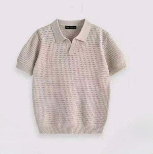 Taupe kleurig opengehaakte polo 6065