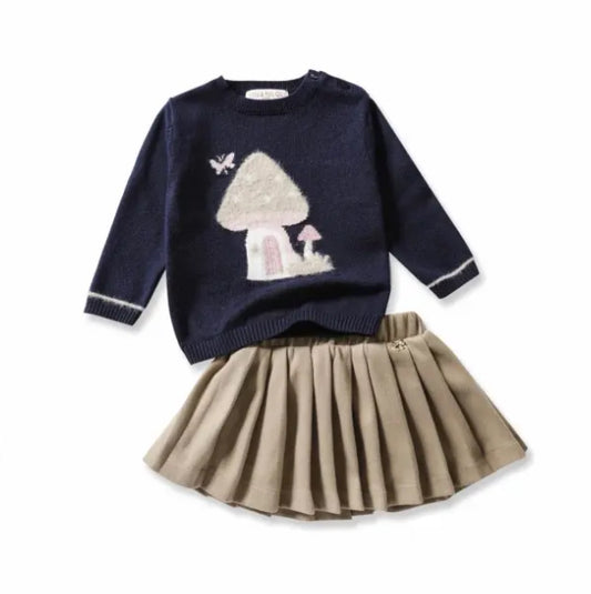 2 delig set donker blauw rok en trui met paddestoel