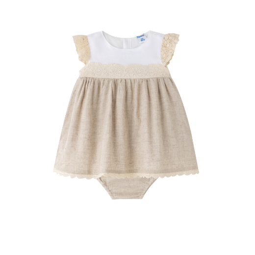 Babyjurk met ruches in beige tinten en pamperbroekje