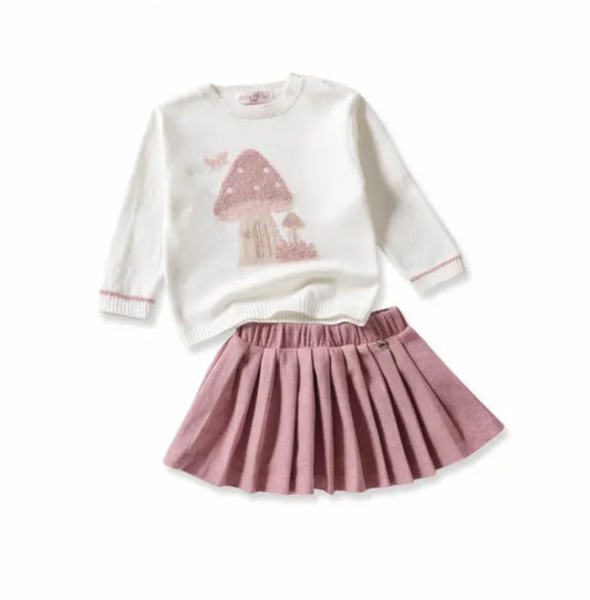 2 delig set roze rok en trui met paddestoel