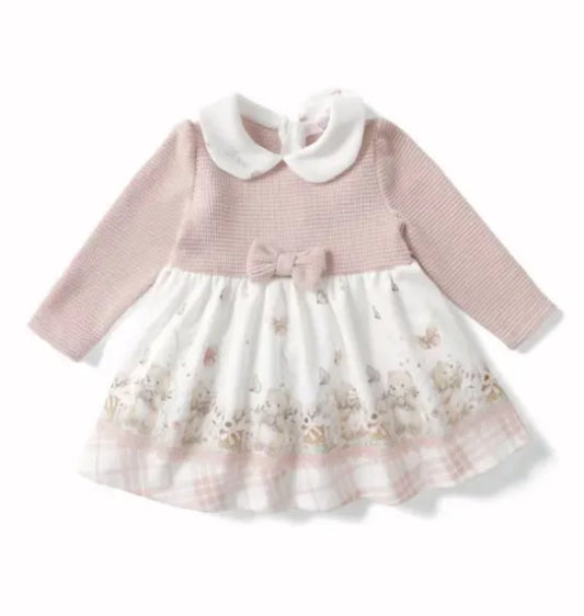 Roze jurk met kraag en strik en beertjes