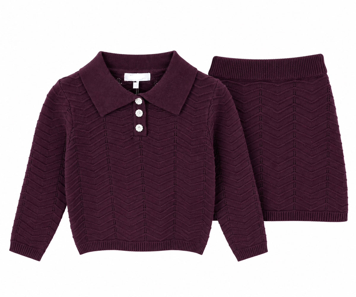 2delig set trui met knopen en rok bordeaux