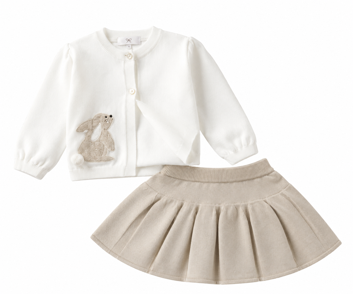 2delig setje beige rok en vestje met konijn