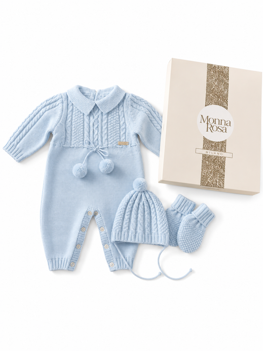 3 delig lichtblauw wollen set in cadeaudoos